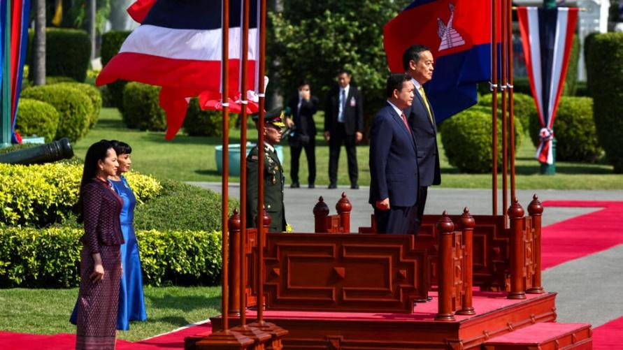 Cambodian Prime Minister Hun Manet reviews an honour guard with Thailand's Prime Minister Srettha Thavisin at the Government House, during Manet's visit to Thailand, in Bangkok, Thailand, February 7,