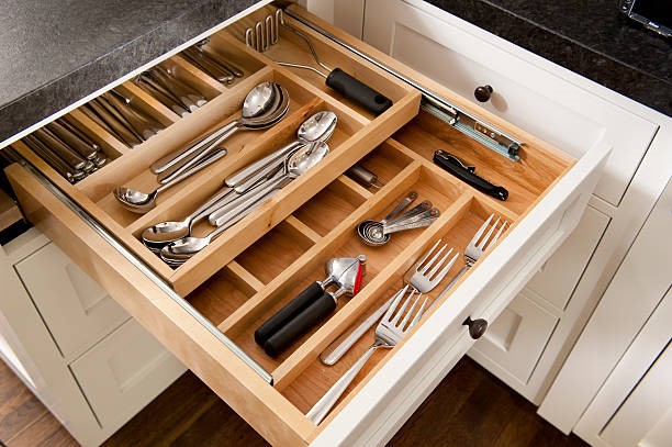 Silverware Drawer Kitchen silverware drawer with compartments. storage drawer stock pictures, royalty-free photos & images
