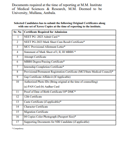 Documents required for pg admission at jawaharlal nehru medical college