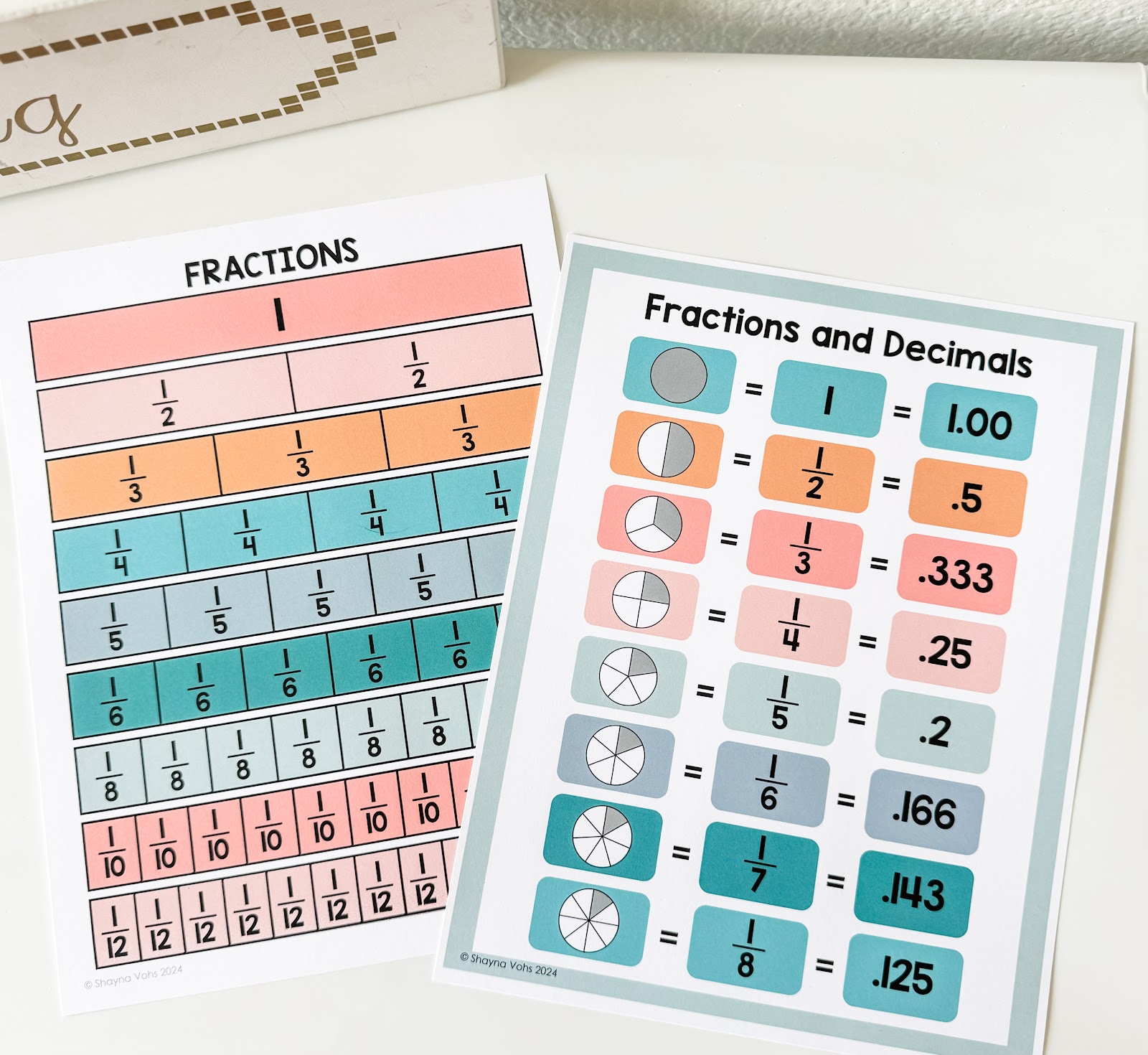 This image shows two different fraction resources. The one on the left is filled with fraction strips in different colors. The one on the right shows a visual of a fraction, the written fraction, and the associated decimal. 