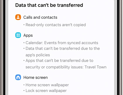 List of data that cannot be transferred with the Smart Switch app on a Galaxy phone