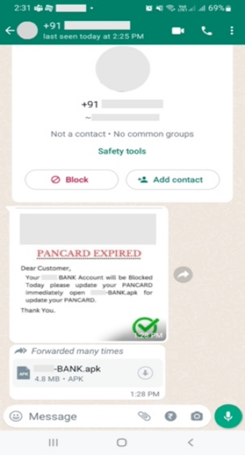 Kullanıcılardan bir APK dosyası kullanarak KYC'yi güncellemelerini isteyen sahte bir WhatsApp kimlik avı mesajının ekran görüntüsü.