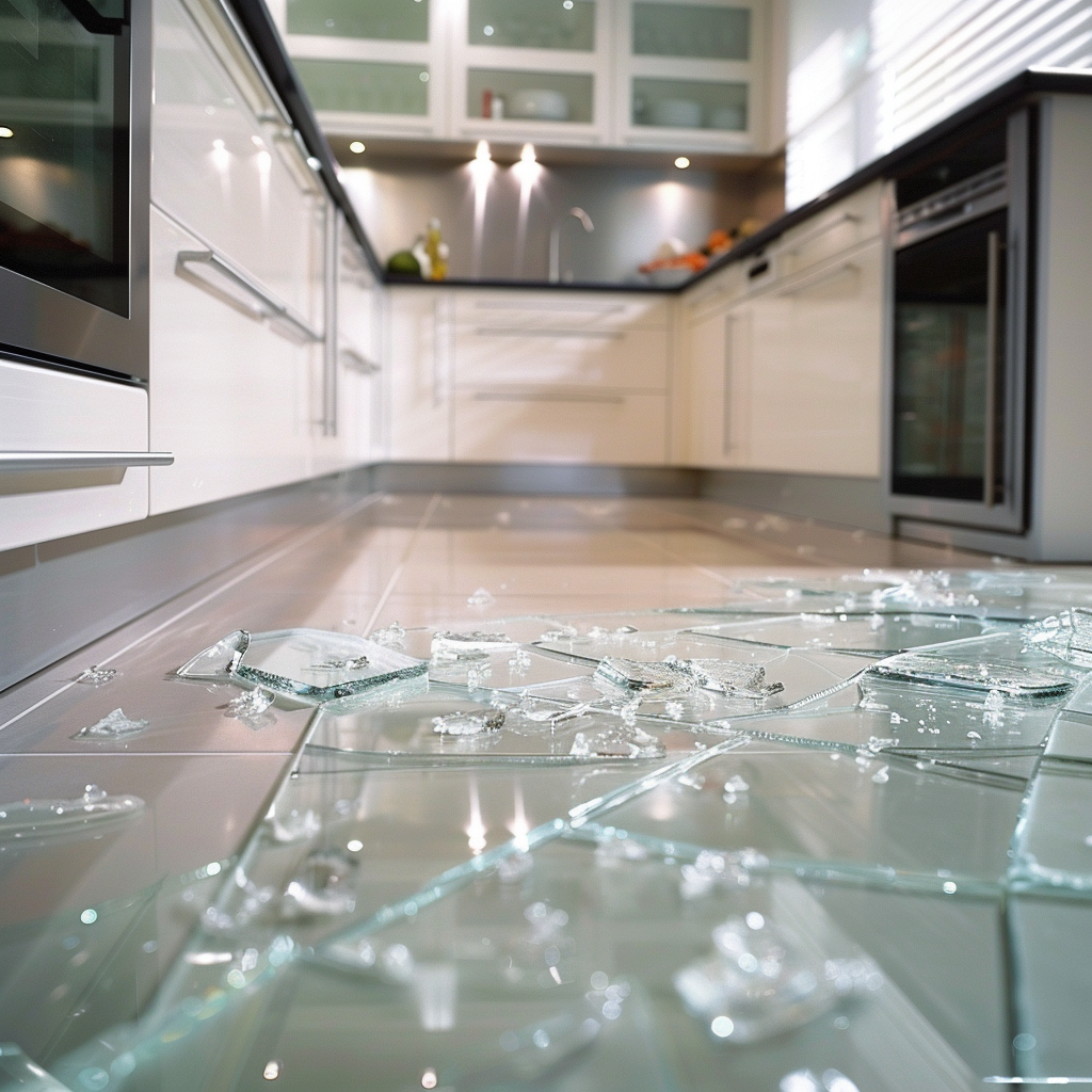 broken glass on the kitchen floor