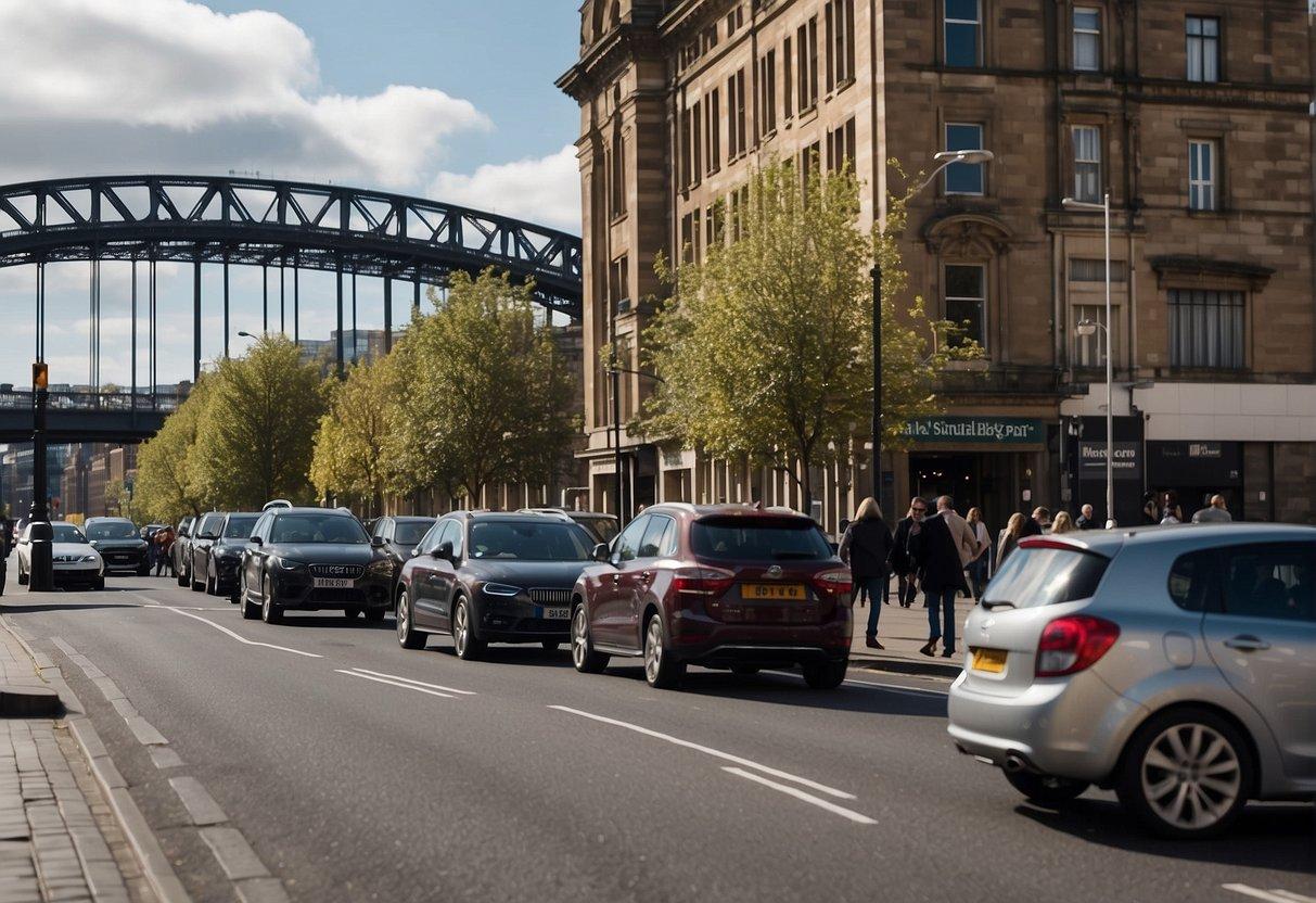 Cars driving on busy Newcastle streets, passing by iconic landmarks like the Tyne Bridge and St. James' Park. Rental car signs and bustling city life