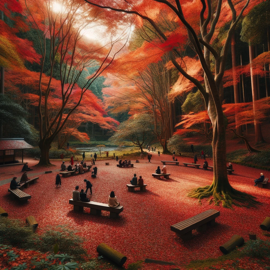 Photo of a serene park located in the heart of an autumn forest. The ground is covered with vibrant red and orange leaves that have fallen from the trees. A gentle breeze rustles the leaves, creating a soothing sound. There are wooden benches placed around, and people of various descents and genders are seen enjoying the beauty of nature, some taking photos and others simply sitting and relaxing.