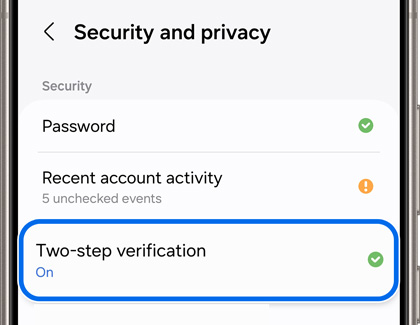 Two step verification highlighted and activated in the Security and privacy settings