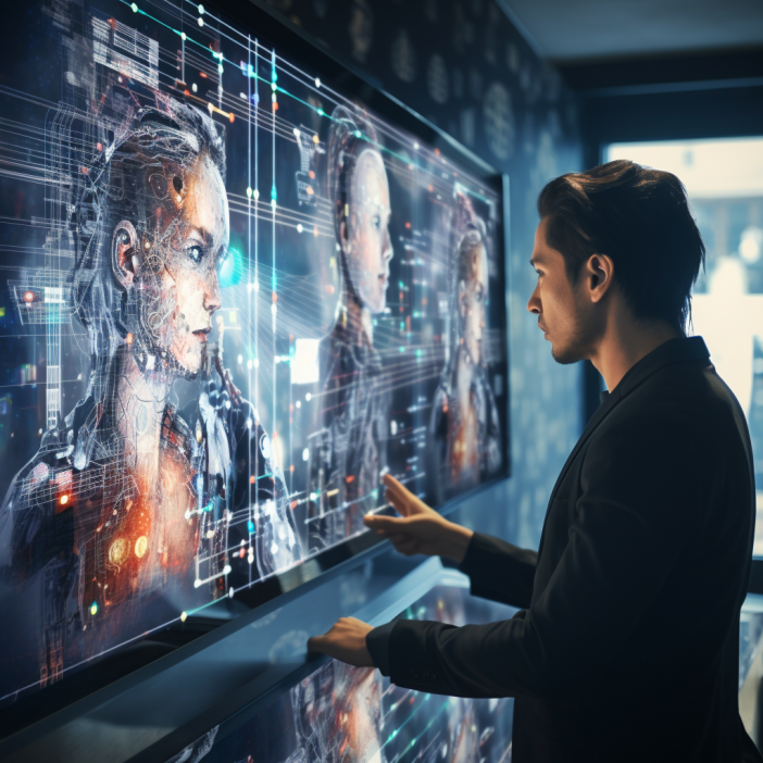 A man in a black suit using an AI scanner on a touchscreen in his office.