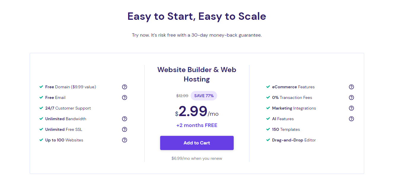 The pricing page for Hostinger's AI website builder.