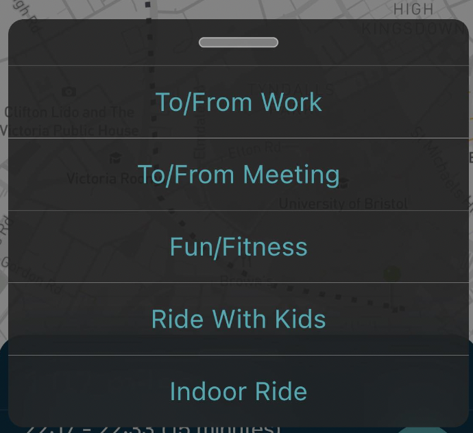 Screenshot showing the different trip purposes on the Love to Ride app