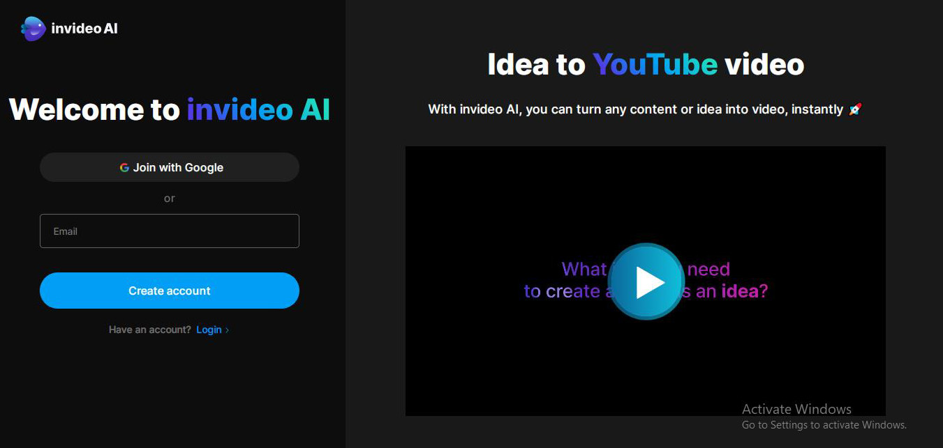 Go to InVideo AI Short website and create an account