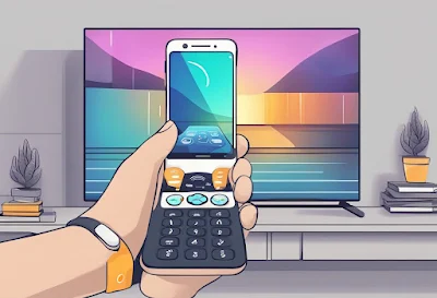 A hand holding a smartphone with a remote control app open on the screen, while pointing towards a TV or other electronic device