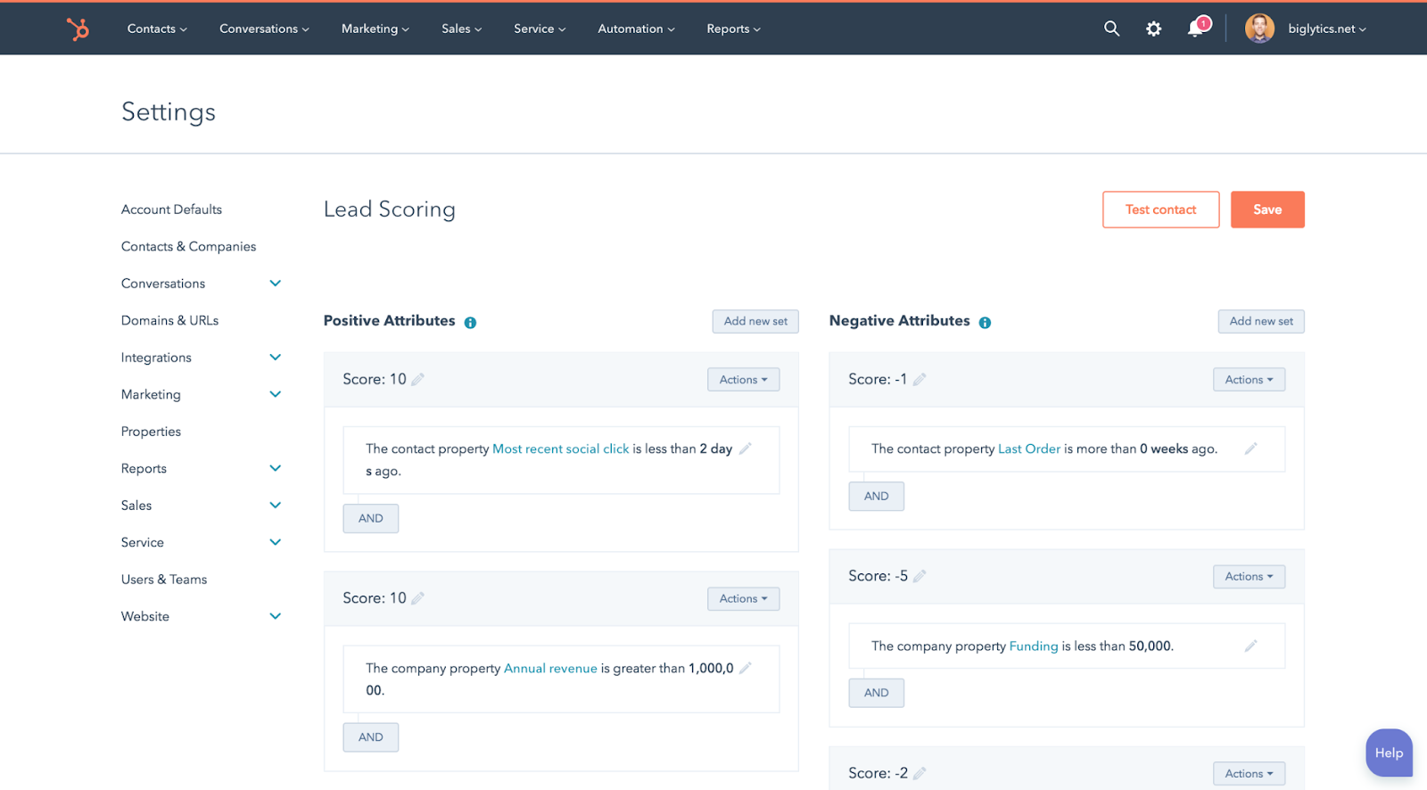 Example of HubSpot lead scoring.