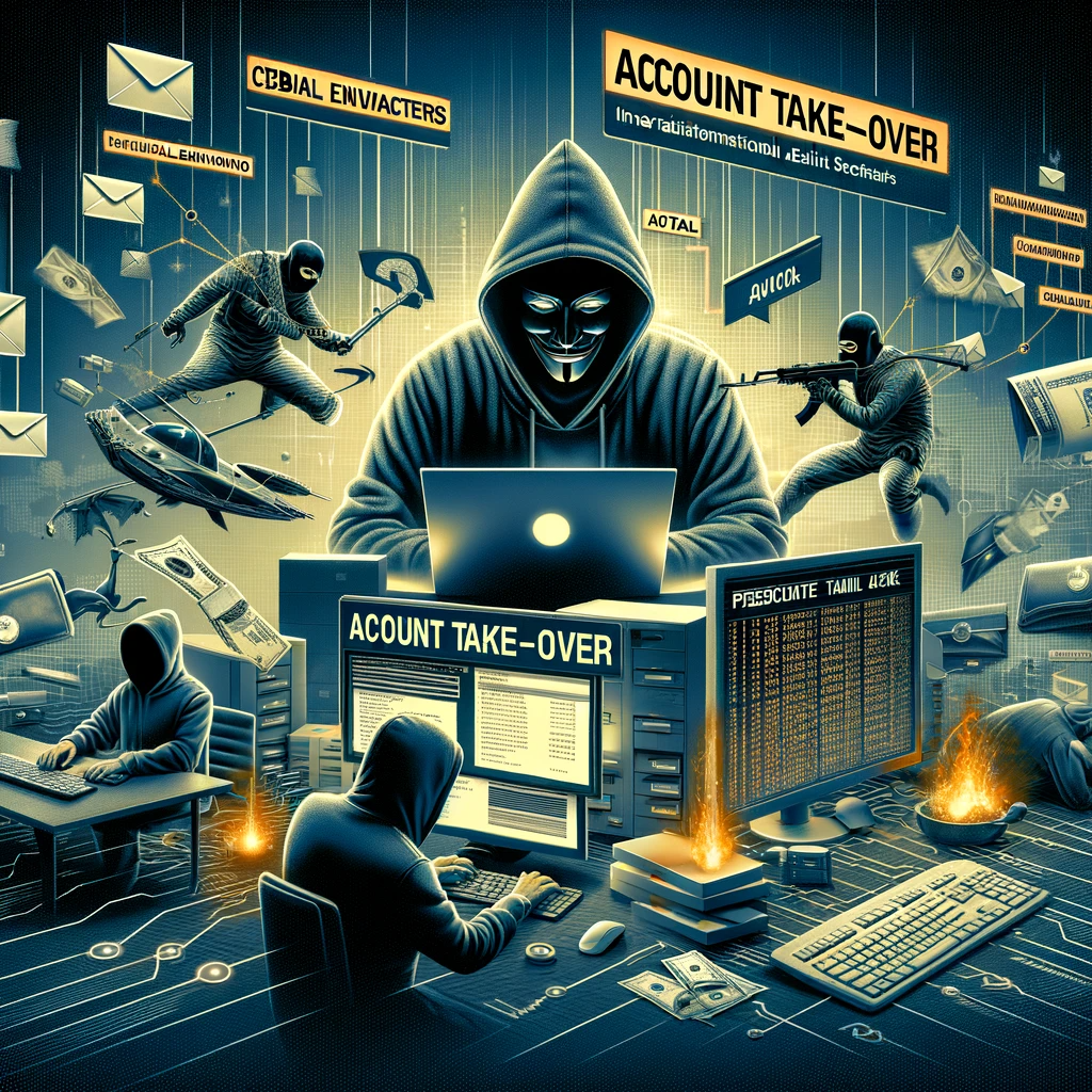 "Stylized image of cybercriminals in action, depicting a hacker in a hoodie at a computer, a figure skating on a keyboard, and another with a crowbar breaking into an email icon."