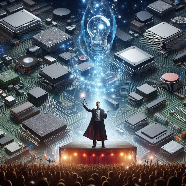 imagen sub realista de un mago en escena mezclado con la electronica dentro de la magia donde se vean algunos circuitos integrados y que el mago se encuentre sobre un gran circuito inegrado con varios microchips