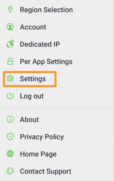 screenshot of settings option in PIA VPN app
