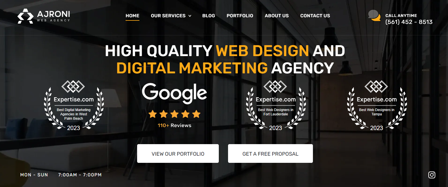 Homepage of Ajroni Website Design Agency