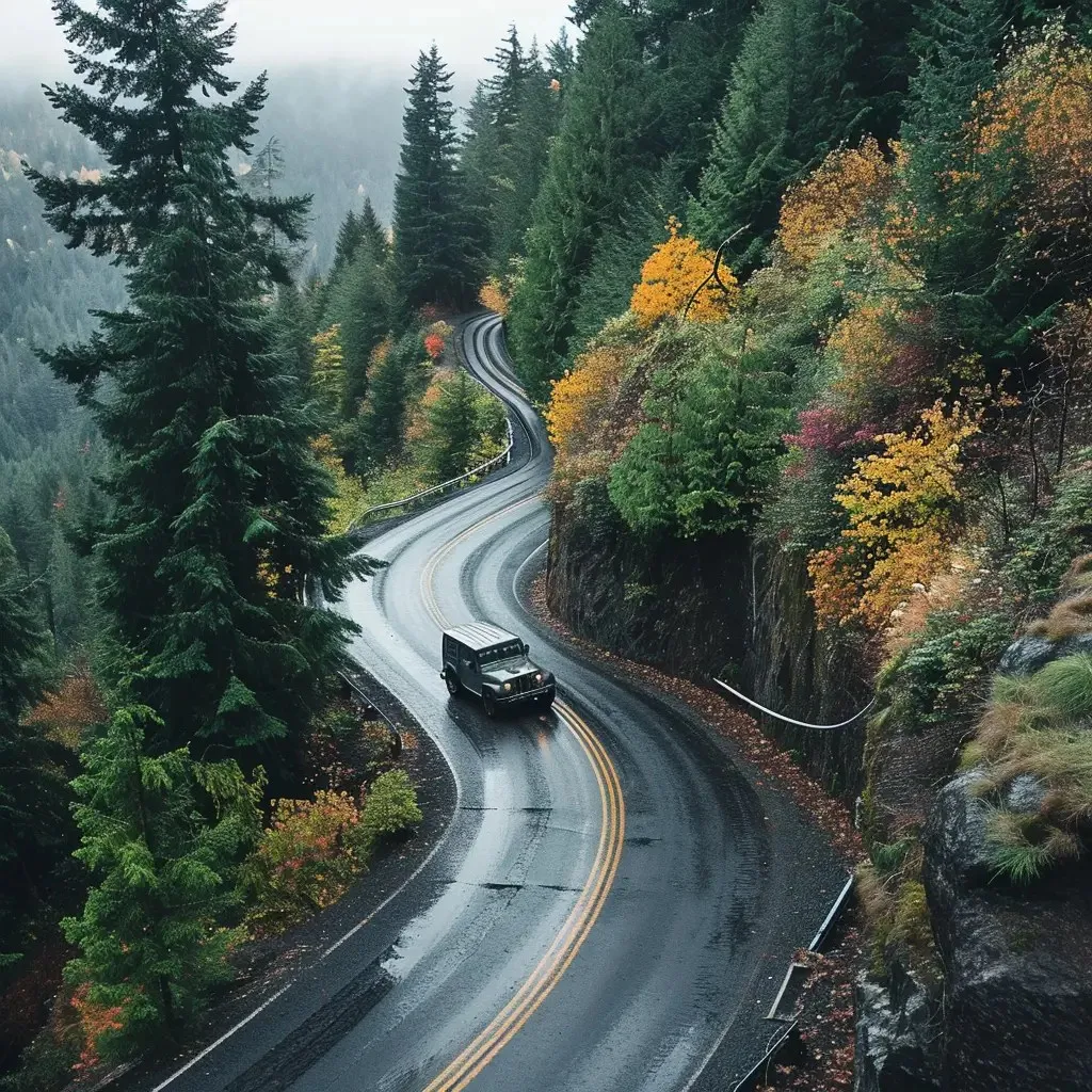 A jeep travels on a curvy mountain road wet from a recent rain. The road cuts through a dense forest with trees displaying autumn colors, ranging from deep greens to bright yellows.