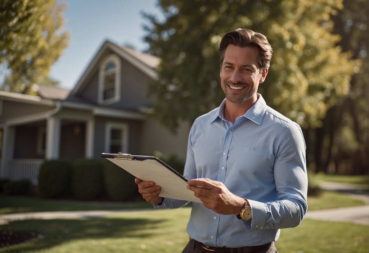 A real estate agent stands by a rental property, holding a clipboard and discussing fees with a potential client. The agent gestures towards the property, emphasizing their services
