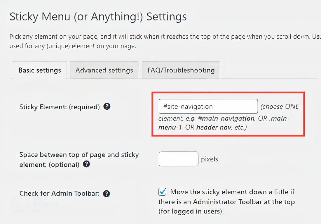 Basics settings of Sticky Menu (or Anything!) plugin