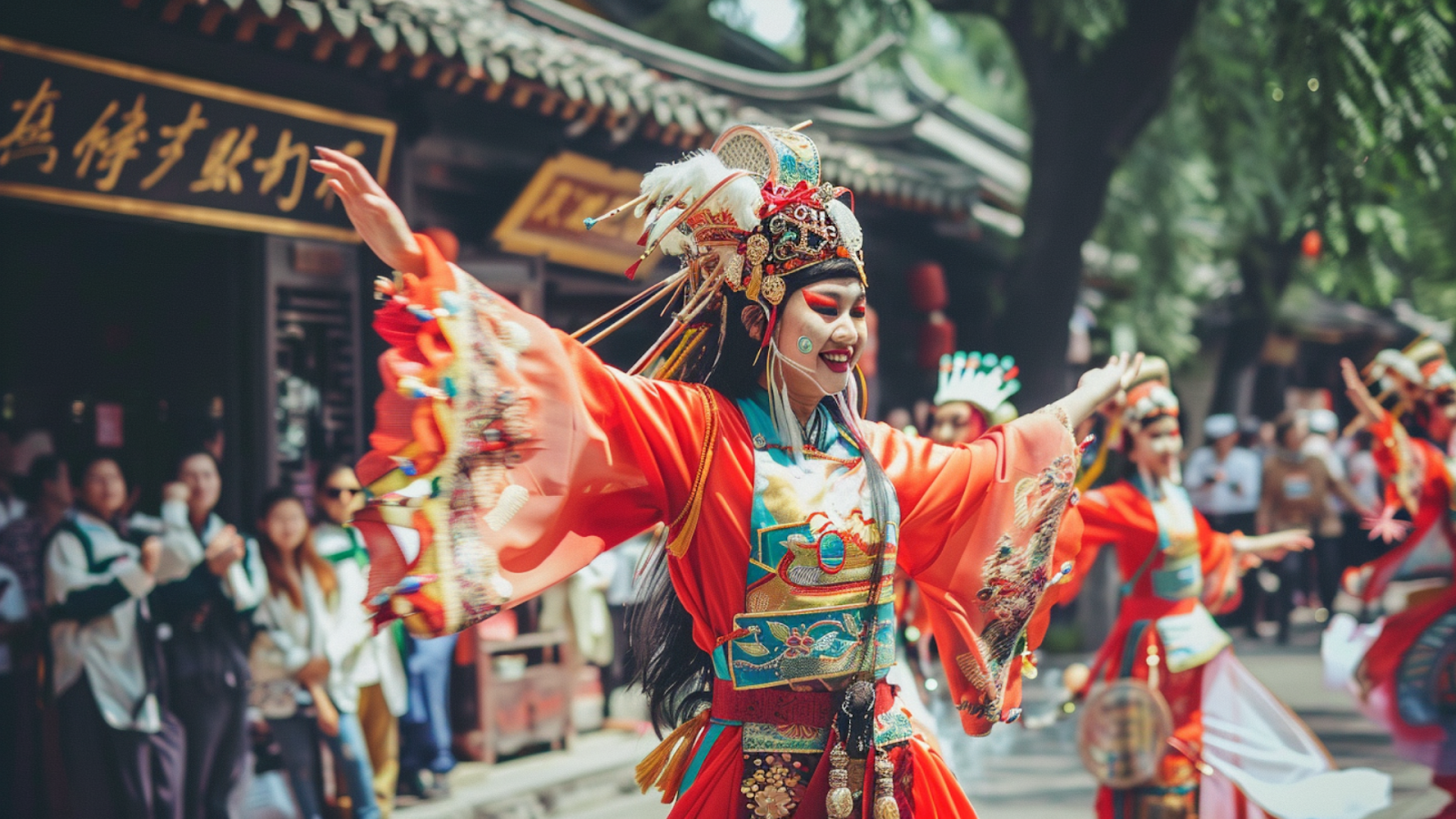 A woman in a colorful costume performing a traditional dance in Shanghai, China