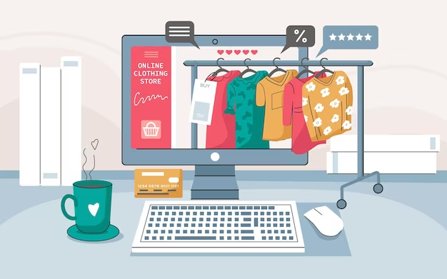 Animated Online Store With Outfit Illustrations in Background On A PC Screen