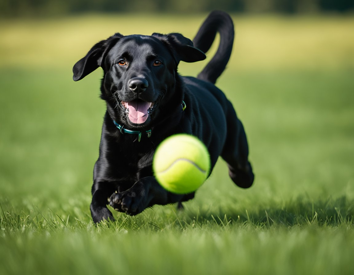 black labrador retriever catching a ball at the field