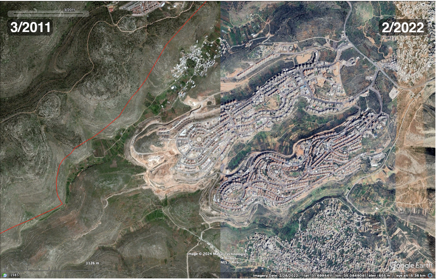 المقارنة بين شكل المستوطنة عام 2011 وشكلها مطلع عام 2022 باستخدام صور الأقمار الصناعية - جوجل إيرث برو