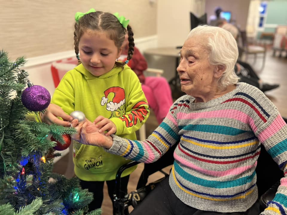 A senior citizen holding the hand of a young child as they place ornaments on a tree.