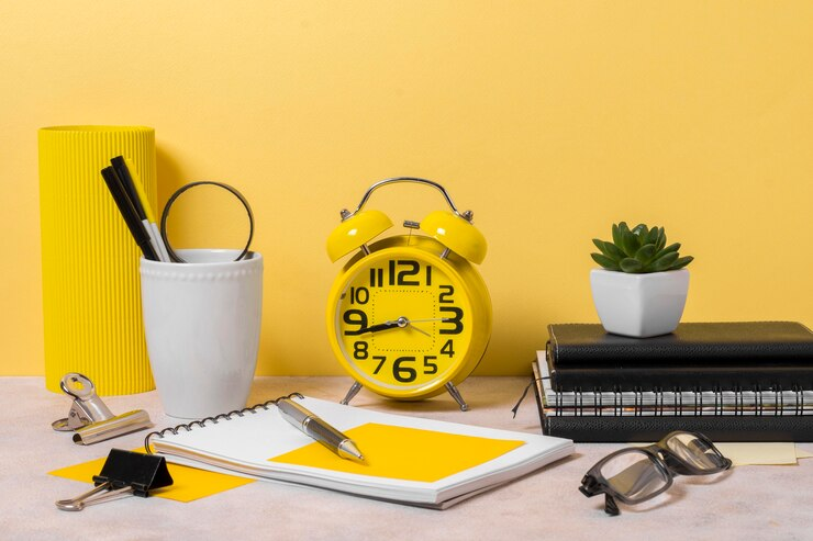 Workspace arrangement with clock showing time.