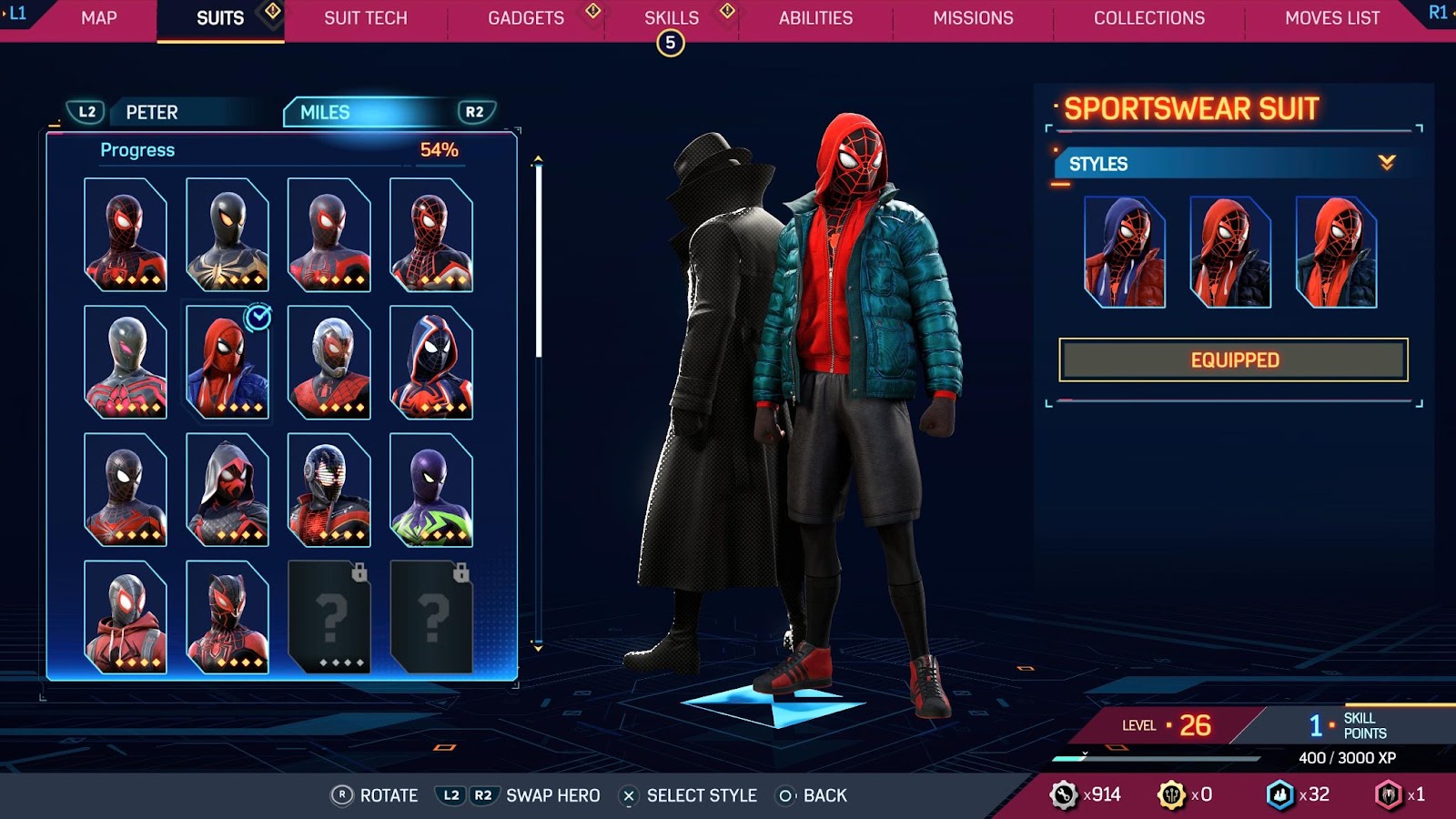 An in game screenshot the suits menu from Marvel's Spider-Man 2