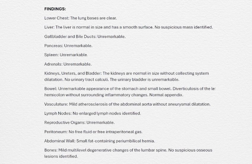 Example of a findings section of a radiology report.