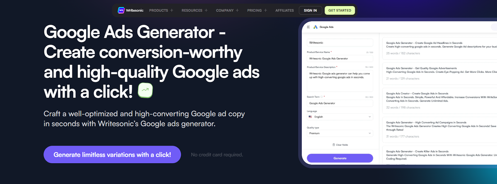 Writesonic’s Google Ads Generator