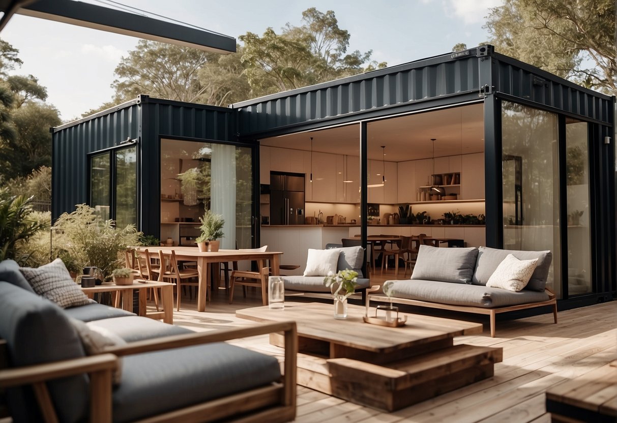 Interior: Cozy living area with modular furniture and natural light. Exterior: Container home surrounded by lush landscaping and outdoor seating