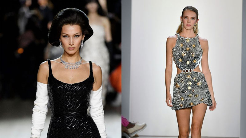 a model at New York Fashion week wearing diamond jewelry in collage with a runway picture from NYFW.