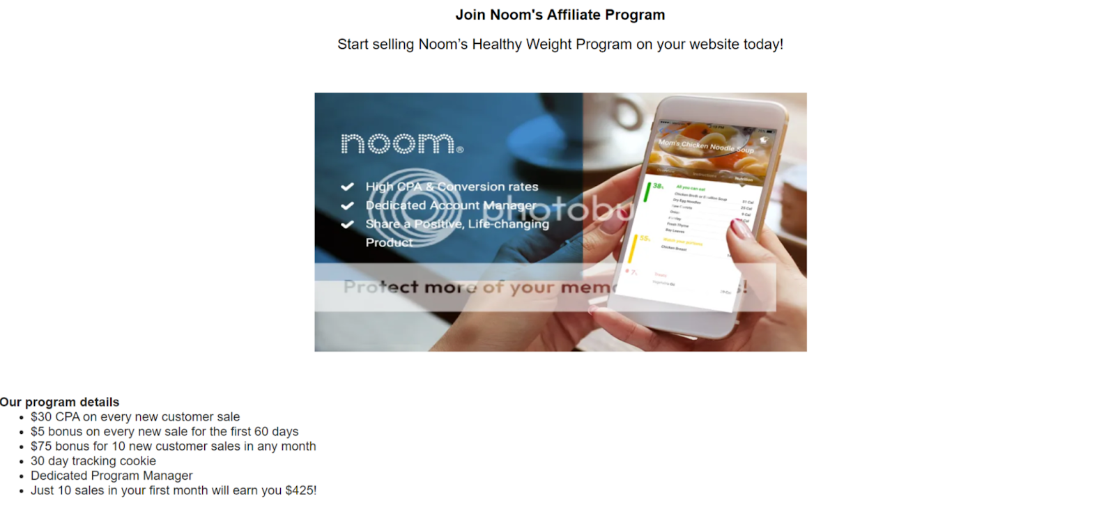 Noom affiliate program details page