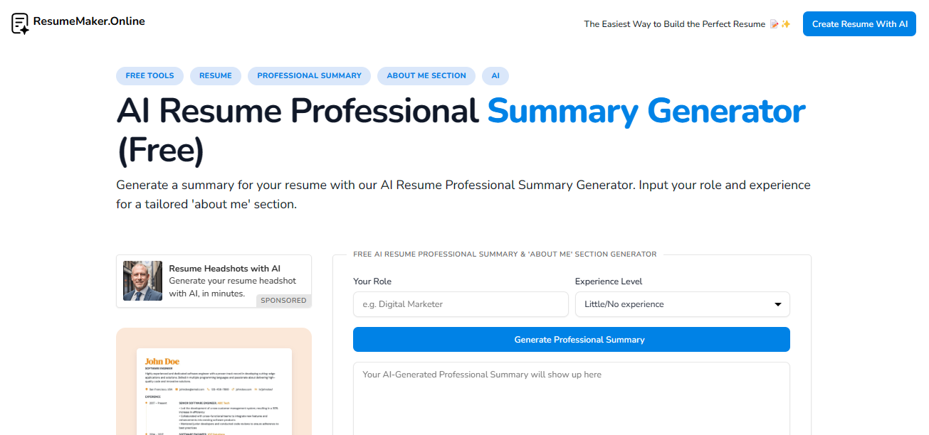 AI Resume Professional Summary Generator by ResumeMaker.Online