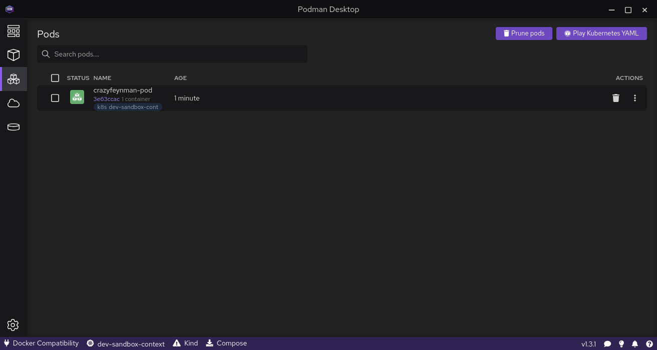 Podman Desktop Pods page showing the Pod running.