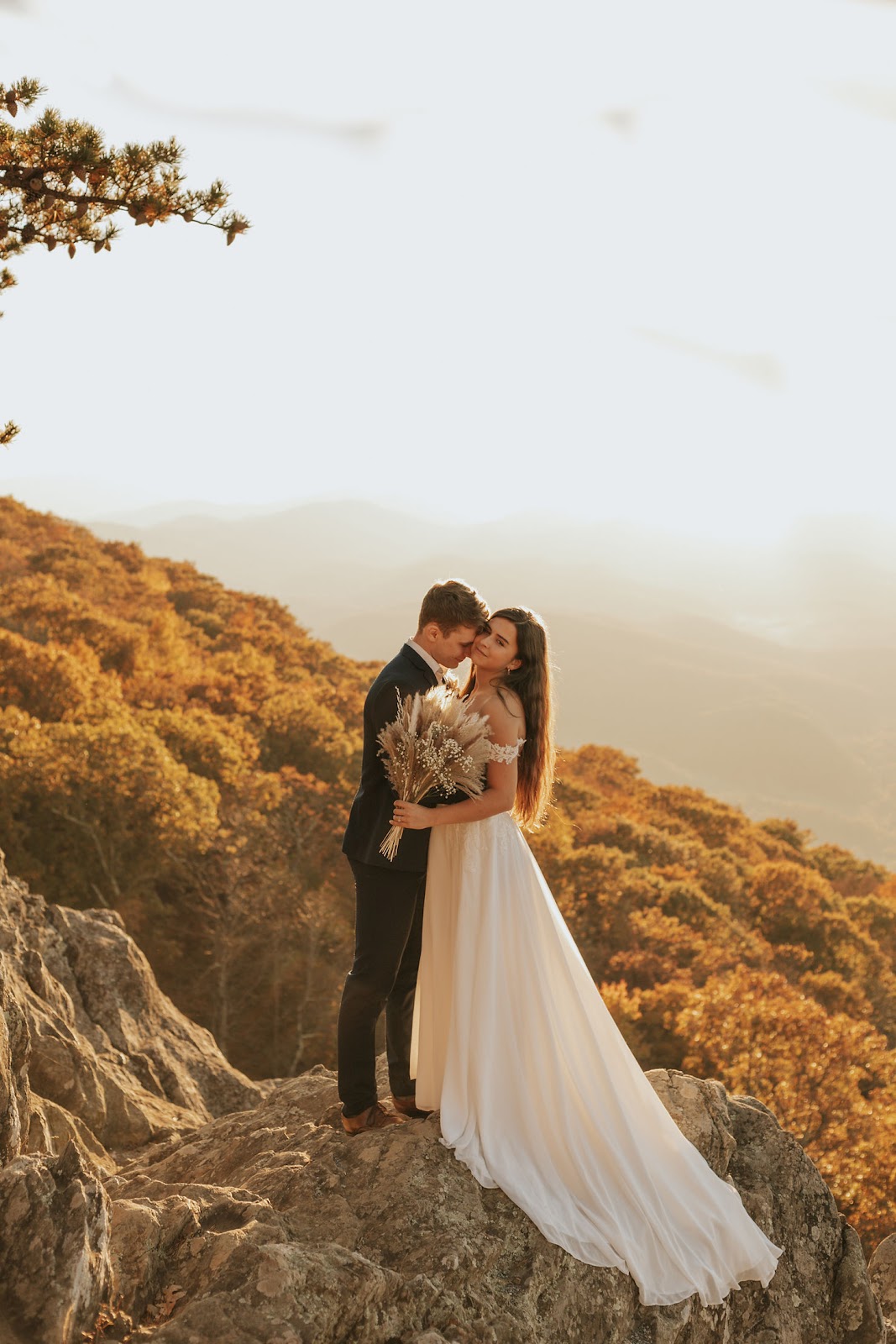 Bride and groom pose for wedding elopement portraits at Raven's Roost in the Blue Ridge Mountains of Virginia