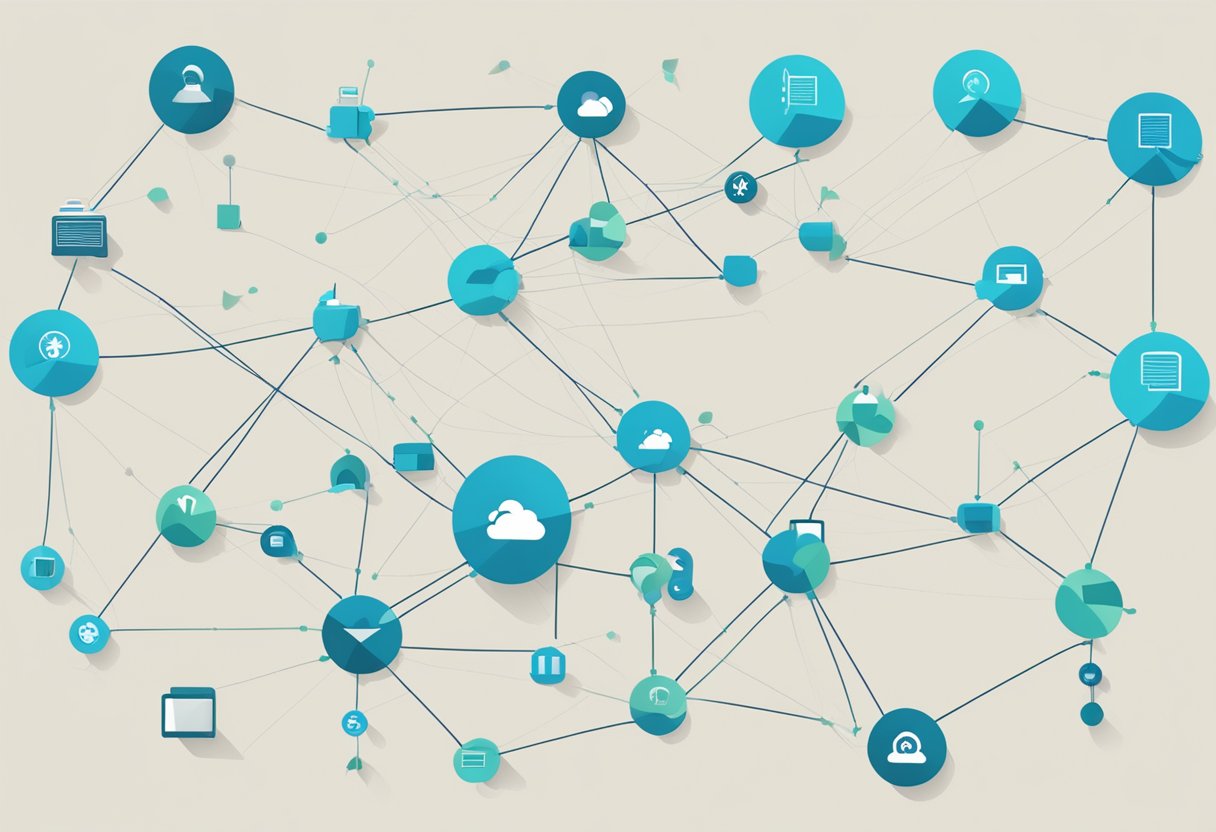 A network of interconnected nodes symbolizing the impact of link building on SaaS growth. Arrows represent the flow of traffic and authority between websites