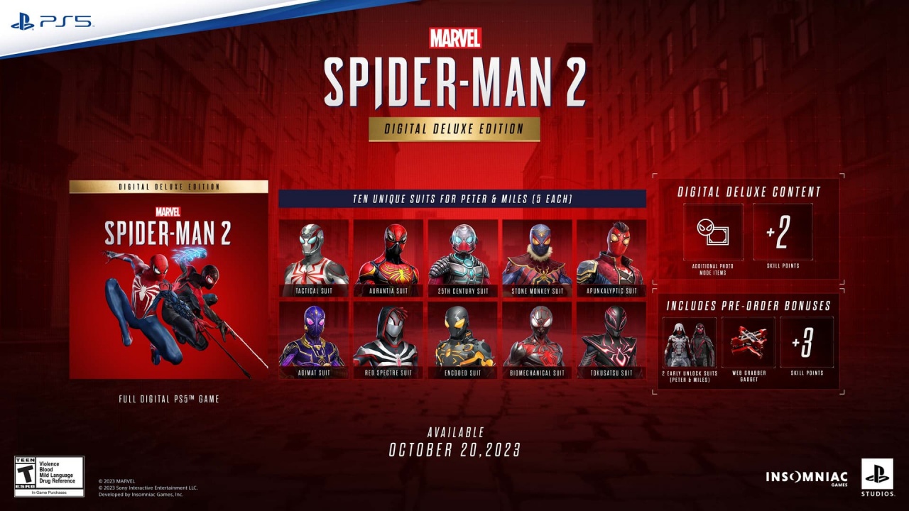 An image of the pre-order bonuses included with the digital deluxe edition of Marvel's Spider-Man 2. 