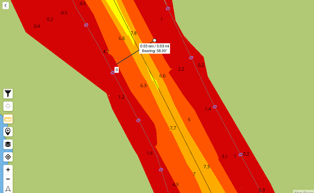 A bathymetric map of Jekyll Creek showing the deeper part of the channel is very narrow.