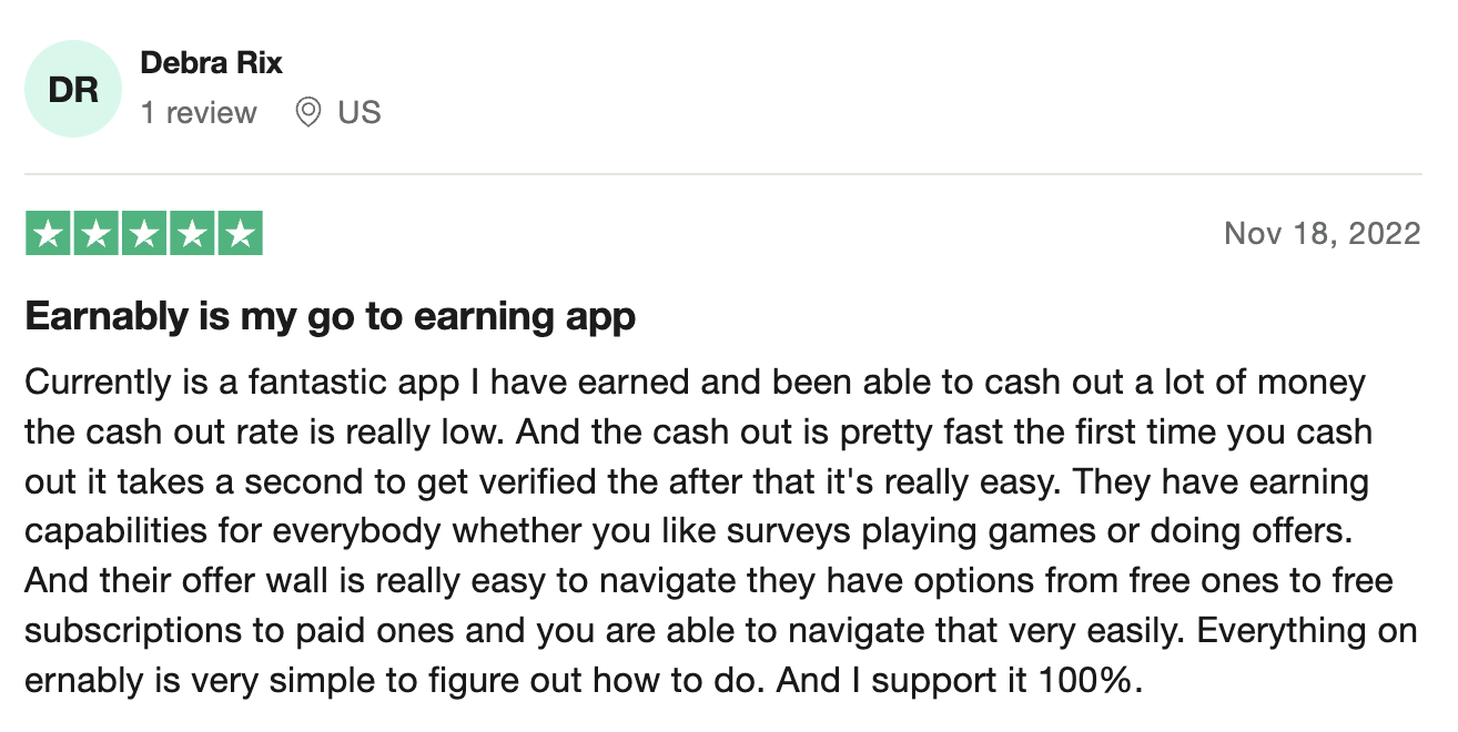 A 5-star Trustpilot review from an Earnably user who says Earnably is their favorite earning app. 