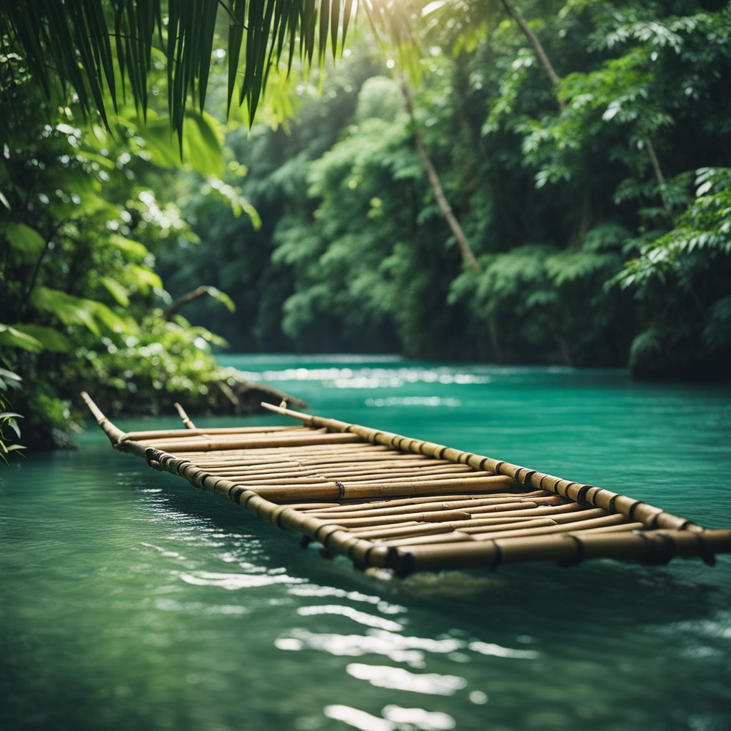 A bamboo raft glides down the cool waters of Ocho Rios, Jamaica, surrounded by lush greenery and the sound of rushing river