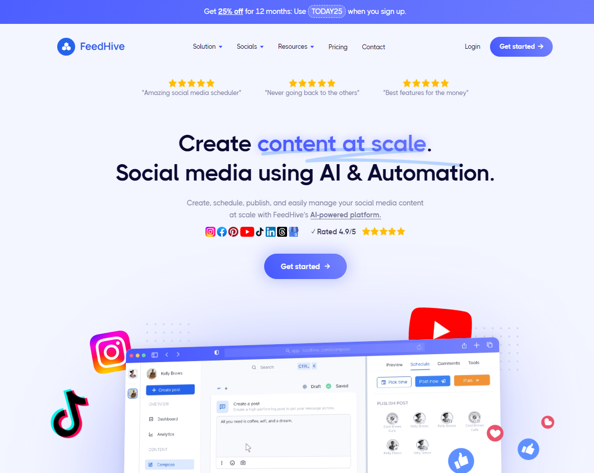 FeedHive's homepage for its AI social media tools.