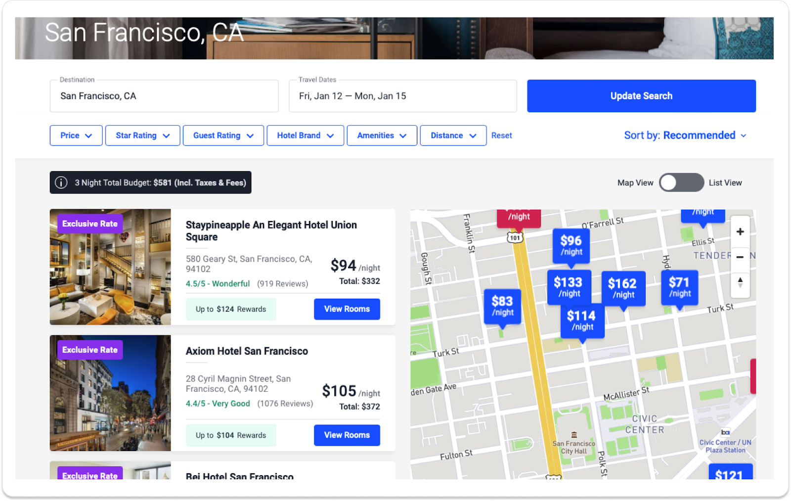 Travelers can select a list or combined map view as they search for accommodations.