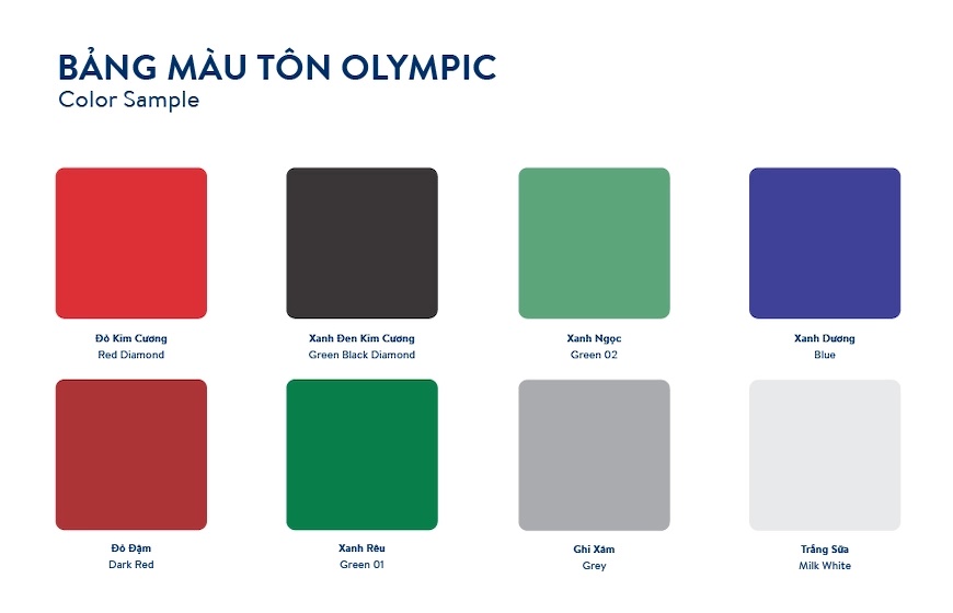 Bảng màu sắc đa dạng của tôn Pu cách nhiệt Olympic