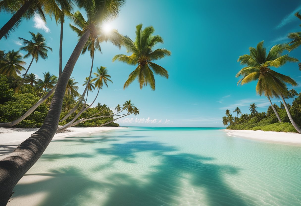 Crystal clear turquoise waters lap gently against the powdery white sand beaches, framed by lush green palm trees and vibrant tropical flowers