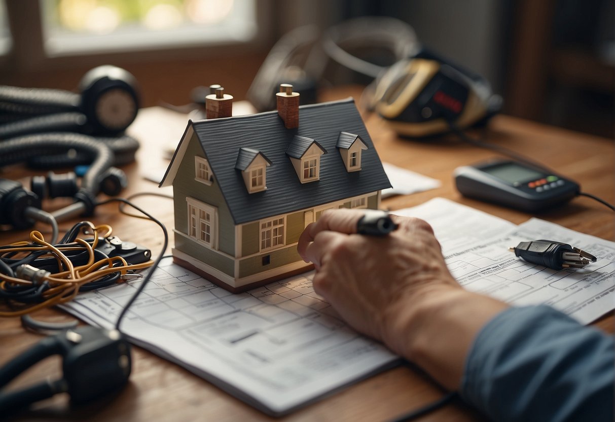 A house being rewired with electric cables and tools scattered around. A person consulting a list of frequently asked questions