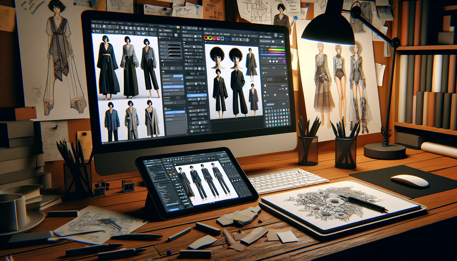 Organized workspace with digital tools and software showing how to create nft clothing.