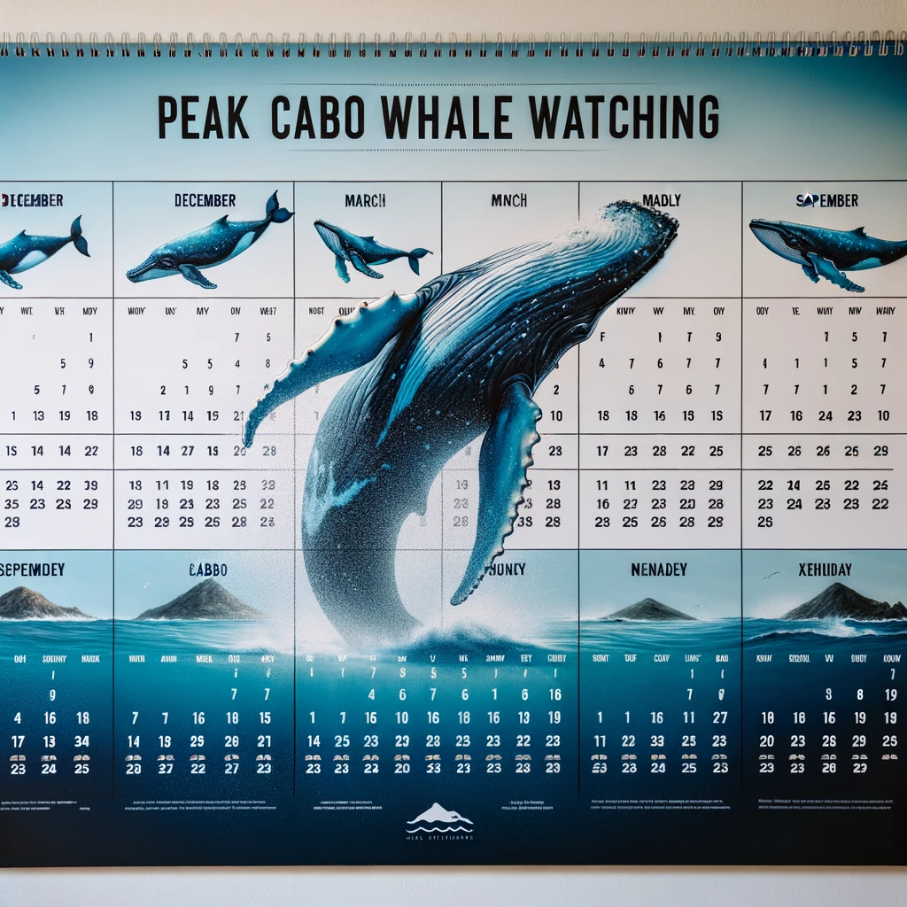 Wall calendar highlighting peak whale watching season in Los Cabos.
